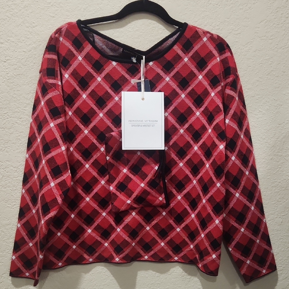 Adrienne Vittadini Red and Black Checkered Sweater With Matching Wristlet Set.